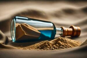 en flaska av sand och en meddelande i en flaska. ai-genererad foto