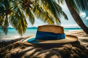 en hatt sitter på de strand nära handflatan träd. ai-genererad foto