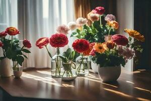 blommor i vaser på en tabell. ai-genererad foto
