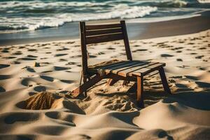 en trä- stol sitter på de sand nära de hav. ai-genererad foto