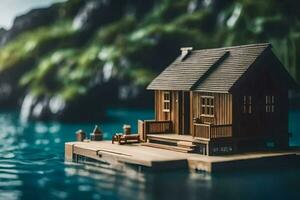 en miniatyr- hus på en docka i de vatten. ai-genererad foto