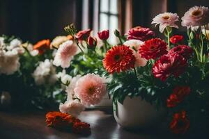 många annorlunda typer av blommor i vaser på en tabell. ai-genererad foto
