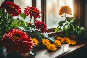 röd blommor på en fönsterkarm i främre av en fönster. ai-genererad foto