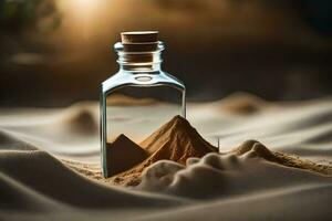 en flaska av sand med en pyramid i de mitten. ai-genererad foto