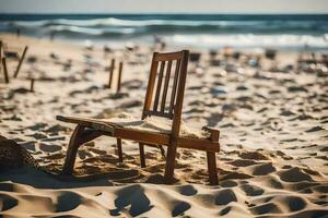 en stol sitter på de strand i de sand. ai-genererad foto