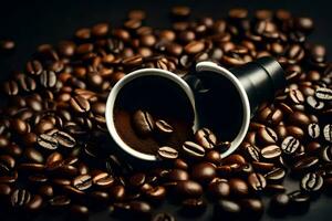 kaffe bönor på en svart bakgrund. ai-genererad foto