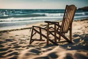 en trä- stol sitter på de strand nära de hav. ai-genererad foto