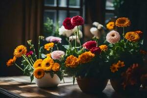 blommor i kastruller på en tabell. ai-genererad foto