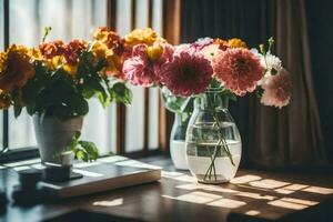 blommor i vaser på en tabell nära en fönster. ai-genererad foto