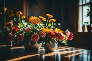 blommor i en vas på en tabell. ai-genererad foto
