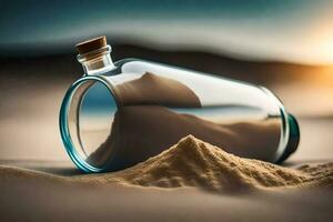 en flaska av sand i de öken- med en solnedgång. ai-genererad foto