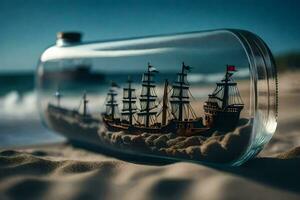 fartyg i en flaska på de strand. ai-genererad foto