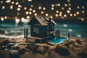 en miniatyr- hus på de strand på natt. ai-genererad foto
