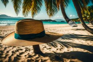 en hatt sitter på de sand nära handflatan träd. ai-genererad foto