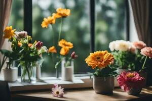 blommor i vaser på en fönsterbräda. ai-genererad foto