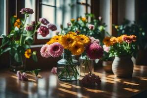 blommor i vaser på en tabell. ai-genererad foto