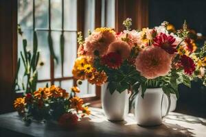 blommor i vaser på en fönsterbräda. ai-genererad foto