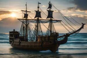 en pirat fartyg är segling på de hav på solnedgång. ai-genererad foto