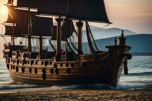 en pirat fartyg är på de strand på solnedgång. ai-genererad foto