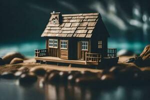 en miniatyr- hus på de strand med stenar och vatten. ai-genererad foto