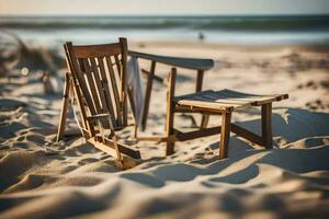 en trä- stol på de strand med en strand i de bakgrund. ai-genererad foto