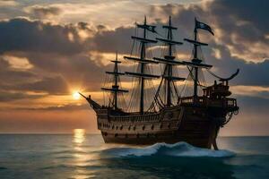 en pirat fartyg segling i de hav på solnedgång. ai-genererad foto