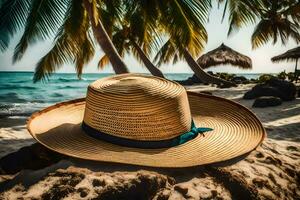 en sugrör hatt sitter på de strand nära handflatan träd. ai-genererad foto