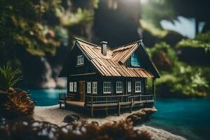 en miniatyr- hus på de strand i främre av en skog. ai-genererad foto