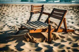 två trä- stolar på de strand med sand. ai-genererad foto