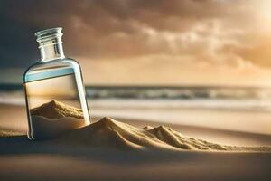 en flaska av sand på de strand med en meddelande inuti. ai-genererad foto