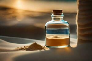 en flaska av sand i de öken. ai-genererad foto