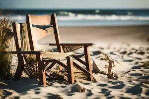 två stolar Sammanträde på de strand nära de hav. ai-genererad foto