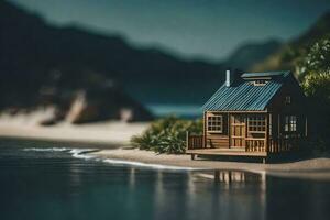 en miniatyr- hus på de strand förbi de vatten. ai-genererad foto