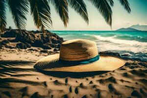 en sugrör hatt på de strand. ai-genererad foto