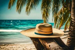 en sugrör hatt på en handflatan träd på de strand. ai-genererad foto