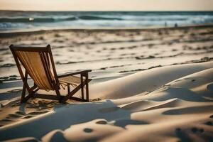 en strand stol sitter på de sand på solnedgång. ai-genererad foto