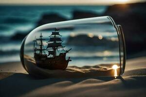en fartyg i en glas flaska på de strand. ai-genererad foto
