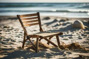 en trä- stol sitter på de strand nära de hav. ai-genererad foto