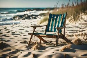 en strand stol sitter på de sand nära de hav. ai-genererad foto