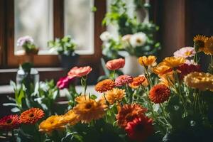 blommor i en fönster tröskel. ai-genererad foto