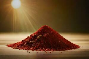 en lugg av röd kryddor på en tabell. ai-genererad foto