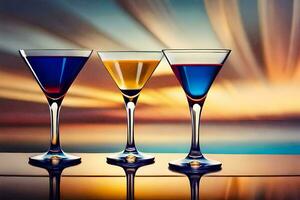 tre glasögon av färgad drycker på en tabell. ai-genererad foto
