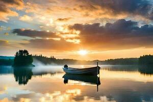 en båt på de sjö på solnedgång. ai-genererad foto