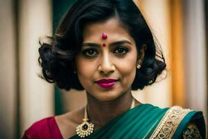 en kvinna i en sari med röd läppstift och grön sari. ai-genererad foto