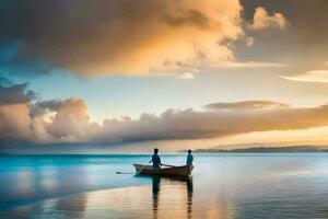 två människor i en båt på de hav på solnedgång. ai-genererad foto