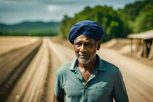 en man i en turban stående på en smuts väg. ai-genererad foto