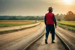 en man i en hatt och väst gående på en järnväg Spår. ai-genererad foto