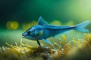 en blå fisk i de vatten med gräs. ai-genererad foto
