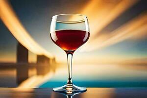 en glas av vin på en tabell i främre av en stad horisont. ai-genererad foto