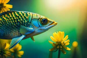 en fisk är stående i främre av gul blommor. ai-genererad foto